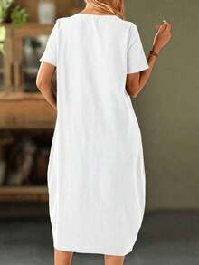Faunlyn Vestido de bolsillo doble con botones frontales de unicolor para vacaciones casual - Blanco - Ver 2