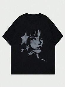 Camiseta de mujer de cuello redondo, holgada y de alta calidad, con estampados de letras, corazones de dibujos animados y diseños de animales pequeños en varios estilos, es adecuada para el uso diario casual y salidas a la playa. Es la elección perfecta para conjuntos de vacaciones en pareja. Hecha de 100% algodón puro, tela de 200 gramos de peso, de alta calidad, suave y cómoda, un imprescindible para el uso diario. - Negro - Ver 1