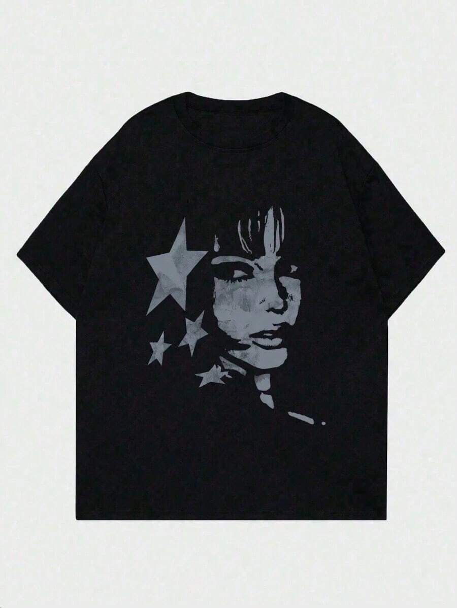 Camiseta de mujer de cuello redondo, holgada y de alta calidad, con estampados de letras, corazones de dibujos animados y diseños de animales pequeños en varios estilos, es adecuada para el uso diario casual y salidas a la playa. Es la elección perfecta para conjuntos de vacaciones en pareja. Hecha de 100% algodón puro, tela de 200 gramos de peso, de alta calidad, suave y cómoda, un imprescindible para el uso diario. - Negro - Ver 1