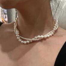 Dây chuyền hạt cườm hai lớp, dây chuyền choker ngọc trai giả dành cho nữ - trắng - Xem 3