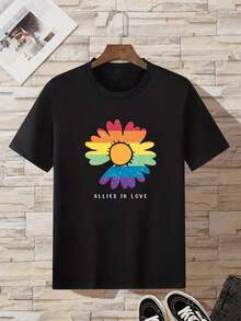 Camiseta deportiva para mujer, estampada con un diseño de margaritas y colores del arcoíris.Sencillo y elegante. - Negro - Ver 6