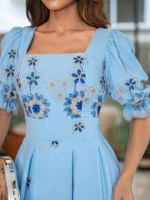 Elegant Embroidered Viscose Midi Dress With Short Sleeves. - Sky Blue - View 3