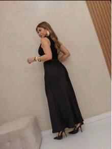 Women's Elegant Casual Satin Midi Skirt - 黑色 - 查看 2