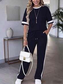 Conjunto de 2 piezas para mujer de primavera/verano, top de manga corta de cuello redondo y contraste de color casual y versátil, y pantalones rectos de cintura alta con cordón - Azul oscuro 46 - Ver 4