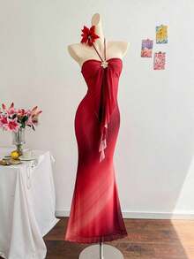 2026 Women's Romantic Gradient Mesh Knit Holiday Dress With Halter Neck, Bow And Decorative Metal Buckle, Mermaid Cut, Suitable For Parties, Dates, Afternoon Tea, Sexy And Elegant - 彩色 - 查看 7