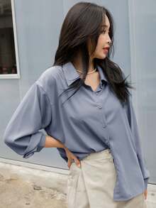Camisa con botones y hombros caídos, blusa de manga larga para mujer en otoño - Azul - Ver 6