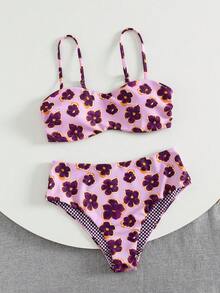 Bộ bikini hai mảnh in hoa dễ thương dành cho nữ, kiểu áo quây, cạp cao, thích hợp cho kỳ nghỉ xuân/hè ở bãi biển. - Nhiều màu - Xem 4