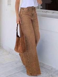 Jeans rectos holgados y casuales para mujer con bolsillos, pantalones vaqueros lavados simples, adecuados para el verano y también un artículo imprescindible para el otoño y la primavera - Marrón - Ver 1