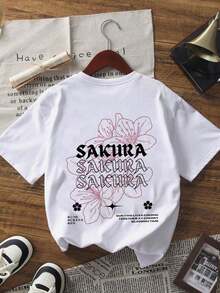 Camiseta de manga corta con cuello redondo, estampado de letra de Sakura romántico minimalista de verano, blanca, versátil y de moda para mujer camisetas de mujer algodón - Estilo - Ver 3