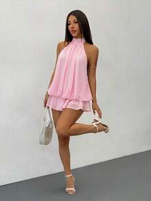 Vestido mini elegante de mujer de color amarillo claro con cuello halter y lazo, adecuado para fiestas, citas, otoño/invierno, primavera/verano - Rosa - Ver 1