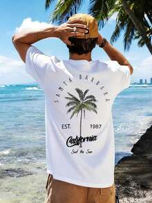 Coastal | New Men's Summer T-Shirt With Coconut Tree And Letter Print, Short Sleeve, Crew Neck, Casual Holiday Wear, 100% Cotton - 白色 4 - 查看 1