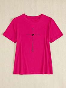 Camiseta de manga corta casual de ajuste ceñido para mujer con patrón de cruz para ropa de Año Nuevo - Rosa Fucsia - Ver 3