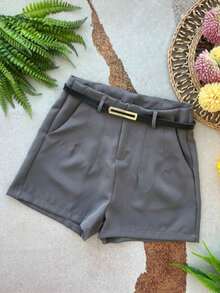 Women's Tailored High-Waisted Shorts + Belt With Gold Buckle - 灰色 - 查看 2