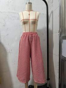 High-Waist New Casual Vacation-Style - Plaid Wide-Leg Pants Skirt, Loose And Elegant Casual Trousers - 紅色 - 查看 7
