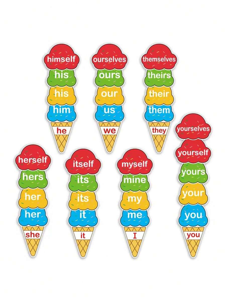 hoojojo 29Pcs Ice Cream Pronoun Matching Cards, Erasable Reusable Paper Flash Cards Grammar Word Recognition Cognitive Learning Game Props Interactive Study Supplies Stationery Reward Game Back To School Activity
