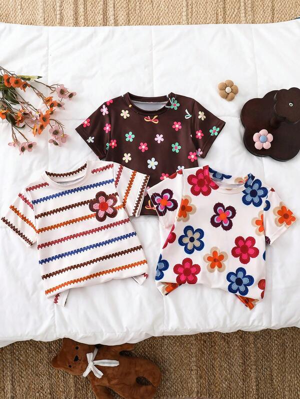 Set de 3 camisetas de manga corta con estampado floral vintage y bloques de color para niñas bebé en verano