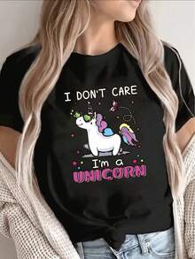 Short-Sleeved Polyester T-Shirt With A Whimsical Unicorn Design, Ideal For Relaxing At Home, In Cafes Or On Outings. It Is Lightweight, Durable And Perfect For Everyday Comfort. - Black - View 6