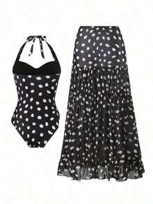 Conjunto de traje de baño de una pieza con escote halter y lunares asimétricos, talla grande falda larga para mujer - Blanco y Negro - Ver 2