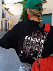 Camiseta de manga corta blanca de cuello redondo con estampado de letra romántica japonesa de flores de cerezo de moda simple y versátil, adecuada para mujeresPure Cotton Short-Sleeve Shirt - Negro - Ver 3