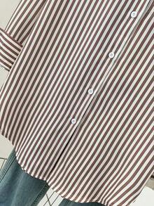 Blusa de mujer de manga larga con cuello puntiagudo y bolsillos con botones, a rayas, de estilo casual básico, adecuada para uso diario en la oficina, otoño/invierno/primavera - Rojo CS046-1 - Ver 11
