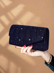 1pc Shiny Elegant Pleated Women's Handbag, Fashionable Glamorous Ladies' Evening Wallet, Envelope-Style Clutch Bag With Hidden Card Slots And Compartments, Shoulder Bag With Detachable Metal Chain, Suitable For Party Girls, Brides, Best Gift For Holidays - 藏蓝色 - 查看 3
