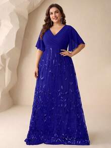 UNITHORSE [Corte Aleatorio] Vestido de Noche Elegante con Cuello en V y Mangas con Volantes Talla Grande - azul real - Ver 3