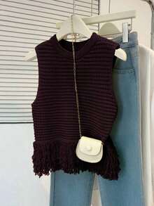 Top de punto sin mangas de cuello redondo de unicolor, versátil para el verano - Color caoba - Ver 2