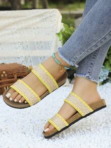 Damen neue weiche Holzsohle Riemen gewebte Casual Pantoffeln, Retro minimalistisch Outdoor Casual vielseitig offene Zehe Innen-/Außen bequeme Mode Pendler Alltags Sandalen - Gelb - Übersicht 2