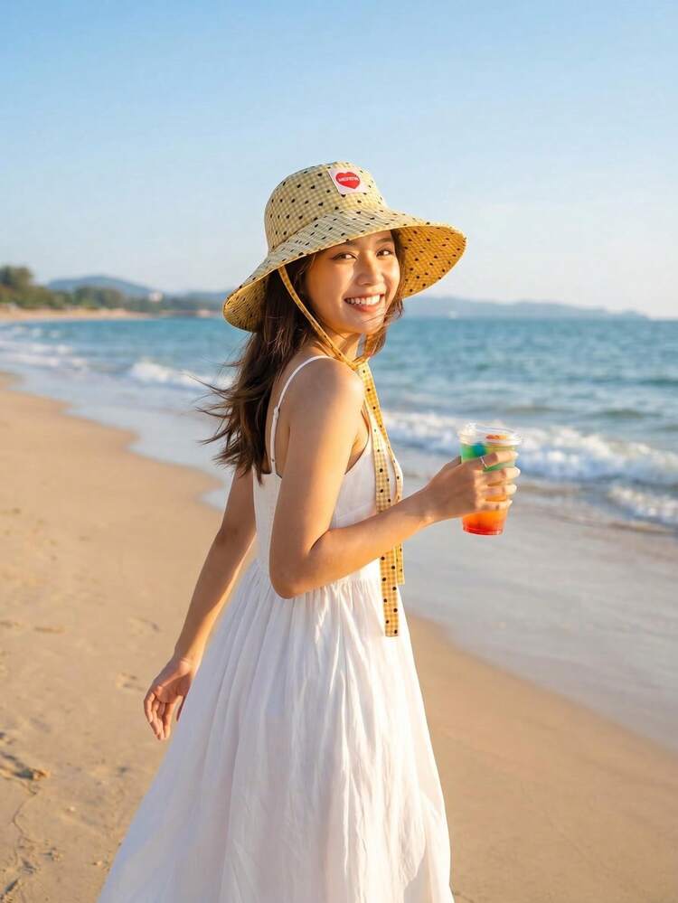 Women's Wide Brim Bucket Hat With Windproof Strap, Plaid Heart Print Sun Hat, UV Protection Summer Beach Hat With Chin Strap - Heart-shaped Plaid Hat - View 9