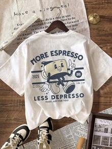 Camiseta de manga corta con cuello redondo y estampado gráfico de More Espresso Coffee Club para mujer, camiseta casual de verano, estilo unisex. - Blanco - Ver 3