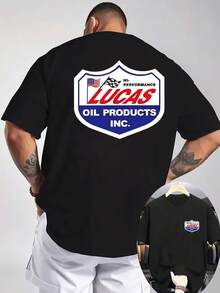 Camiseta Gráfica de Carreras para Hombre en Gris Claro - Diseño Patrocinado por Lucas Hi-Performance Oil Products Inc. Tela Transpirable para Eventos de Motociclismo, Camisa Casual de Verano para Entusiastas de Autos, Ropa de Ocio al Aire Libre, Material No Transparente - Negro - Ver 1