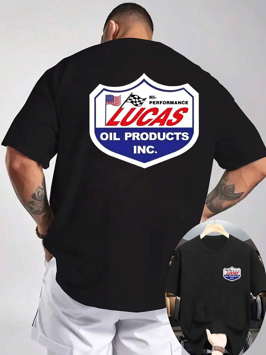 Camiseta Gráfica de Carreras para Hombre en Gris Claro - Diseño Patrocinado por Lucas Hi-Performance Oil Products Inc. Tela Transpirable para Eventos de Motociclismo, Camisa Casual de Verano para Entusiastas de Autos, Ropa de Ocio al Aire Libre, Material No Transparente - Negro - Ver 1