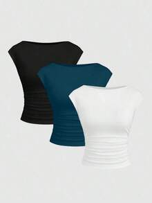 Set de 3 piezas de Top/camiseta de mujer ajustada, de manga corta, con espalda recortada, transpirable y que absorbe la humedad - Multicolor 14 - Ver 1