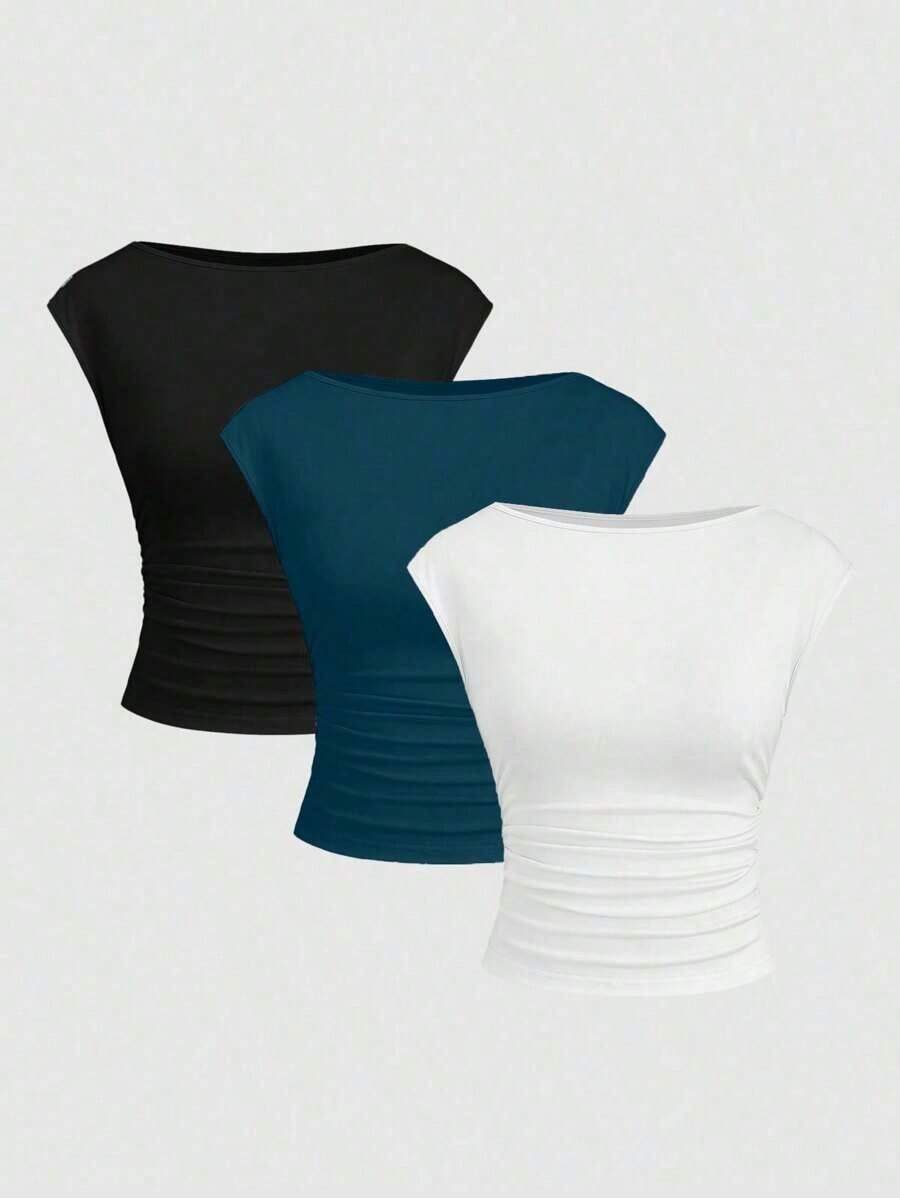 Set de 3 piezas de Top/camiseta de mujer ajustada, de manga corta, con espalda recortada, transpirable y que absorbe la humedad - Multicolor 14 - Ver 1