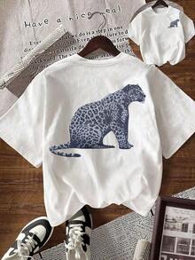 Women's Casual Short-Sleeved Round Neck T-Shirt With Leopard Print, For Summer - 白色 3 - 查看 1
