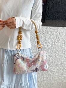 1pc Floral Sequin & Beaded Decor Woven Wooden Bracelet Handbag Retro Beach Style Women Zipper Shoulder Bag Suitable For Vacation Shopping Working - Multicolor - View 6