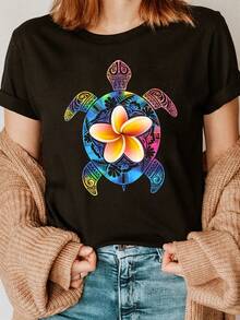 Camiseta de algodón con estampado floral degradado y letras, manga corta, cuello redondo, estilo casual para verano y primavera, ropa de mujer para uso diario. - Negro - Ver 1