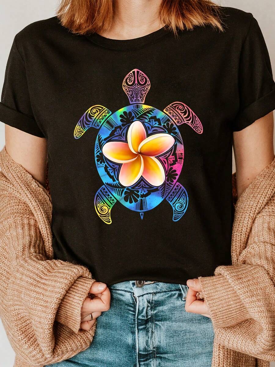 Camiseta de algodón con estampado floral degradado y letras, manga corta, cuello redondo, estilo casual para verano y primavera, ropa de mujer para uso diario. - Negro - Ver 1