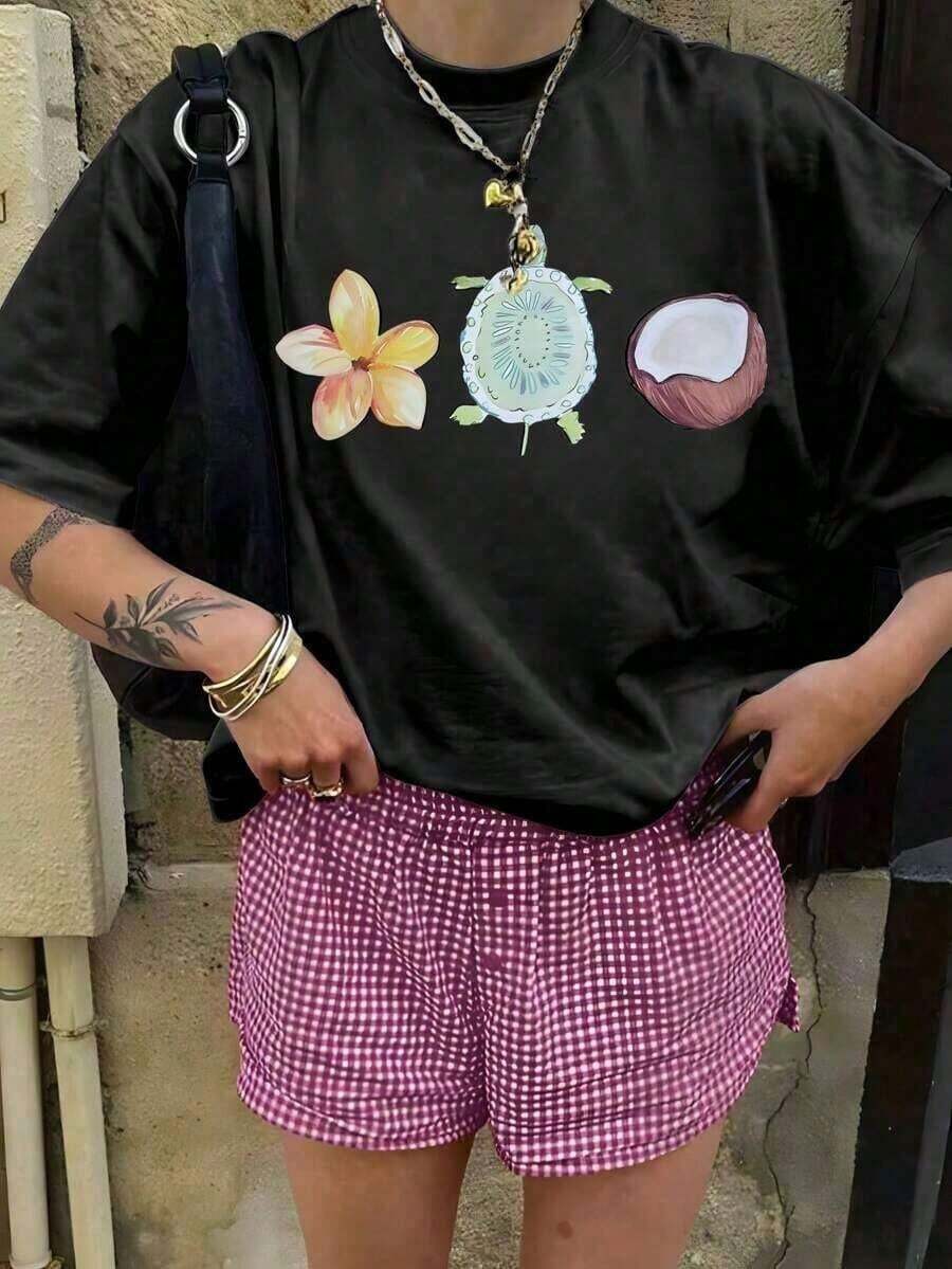 1 Piece Of Women's Plus Size 100% Cotton T-Shirt, Featuring Tropical Floral Prints, Sea Turtles And Coconut Trees, Perfect For Hawaiian Vacations, Beach Parties, Summer Travel And Creating A Relaxed Y2K Island Vibe. - 黑色 - 查看 1