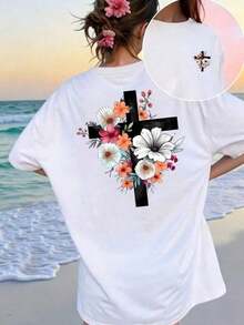 Lightweight Classic Summer T-Shirt With Hand-Drawn Lettering And Cross Print, Christian Religious T-Shirt 'God Is Always Good', Unisex Casual Short Sleeve Crew Neck Faith Clothing - 白色 5 - 查看 7
