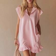 Vestido de verano sin mangas con dos bolsillos cremallera escote en V detalle de volantes corte A para mujer última moda primavera - Rosa - Ver 9