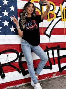 Camiseta de Cuello Redondo para Mujer con Diseño Patriótico de la Bandera de Estados Unidos, con Estrellas y Rayas, Decoración de Lazo, Manga Corta, para Celebración del Día de la Independencia - Negro - Ver 2
