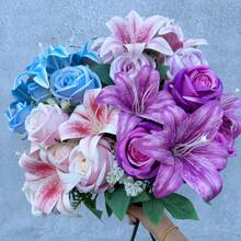 Ramo de colores de primavera: rosas y lirios mixtos de 9 varillas con rosas - Flores de corte fresco para decoración del hogar, boda, aniversario, regalo-G JDI2 - Naranja - Ver 11