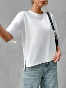 Camiseta holgada de estilo minimalista casual para mujer, con parte delantera corta y parte trasera larga, versátil para usar en la calle, adecuada para primavera y verano - Blanco 3 - Ver 5