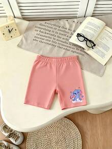 Girls' Summer Casual Set, Pink Short Sleeve T-Shirt With Shy Rabbit Cartoon Print, Paired With Black Shorts With Matching Pattern Accent, Cute And Lively, Suitable For Daily Wear Or Campus Outfit - Pink - View 5