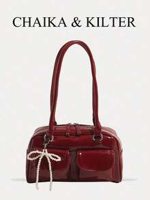 1pc CHAIKA & KILTER Women Solid Glossy PU Leather Shoulder Bag, Fashion Multi-Pocket Large Capacity Bowling Bag With Zipper Closure, Suitable Daily And Outdoor Use (Comes With Pendant), Fashionable Bow Purse Women, Street & Japanese Bag Women , Y2k - 粉色 - 查看 9