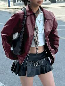 Chaqueta informal, suelta y de manga larga para mujer, estilo motorista edgy, para otoño/invierno - Burdeos - Ver 1