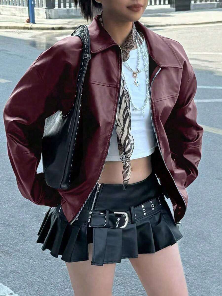 Chaqueta informal, suelta y de manga larga para mujer, estilo motorista edgy, para otoño/invierno - Burdeos - Ver 1