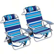 1PC Portable Beach Chair For Adults- Reclining Camping Chair With Headrest& Cup Holder, Lightweight Foldable Design For Backpacking, Ocean Striped Pattern(Heavy Duty) - 彩色 - 查看 7