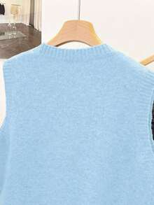 1 pieza Chaleco sin mangas de punto de unicolor con cuello redondo corto, diseño asimétrico con botones, accesorio de moda, chaleco versátil de punto para el verano - Celeste - Ver 5